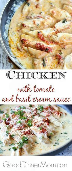 Chicken with Tomato and Basil Cream Sauce Chicken Recipes Lemon, Basil Cream Sauce, Sauce Chicken, White Wines, Dinner Night, Arrowroot Powder, Lemon Basil, Angel Hair, Tomato Basil