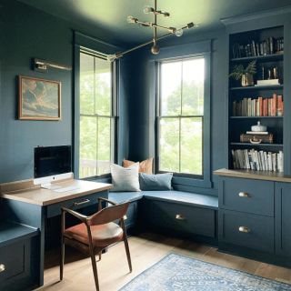 Mount Etna SW 7625 | Blue Paint Colors | Sherwin-Williams Home Office Ideas Green, Office Ideas Green, Home Office Wall Color, Monochromatic Office, Modern Victorian Decor, Moody Paint, Masculine Home Office Ideas, Historic Paint Colours, Masculine Home