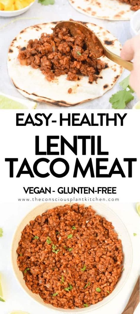 An easy lentil taco meat recipe to use as a meat replacement on your taco night! Bonus, it takes barely 15 minutes to make a batch of this vegan lentil taco meat and it's also gluten-free and packed with plant-based iron. Lentil Taco Meat, Lentil Tacos Recipes, Taco Shell Recipe, Taco Meat Recipe, Vegan Tacos Recipes, Vegan Tortilla, Taco Filling, Taco Toppings, Lentil Tacos