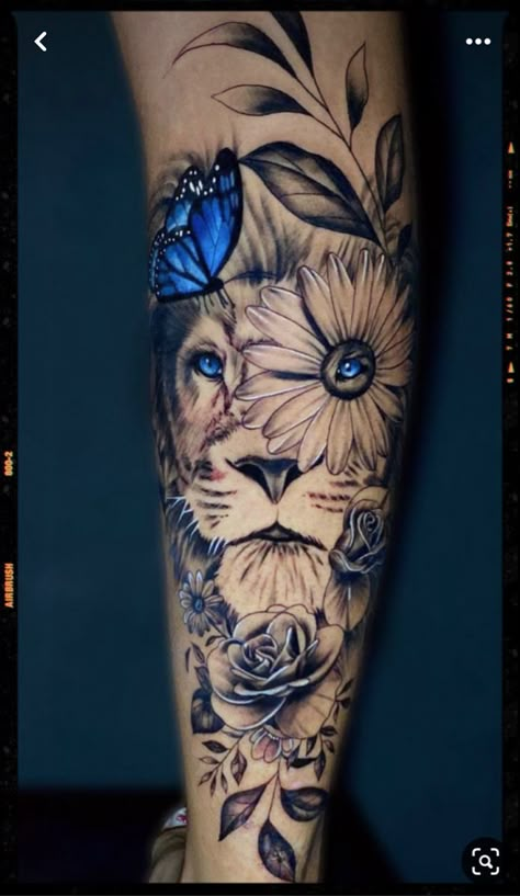 Butterfly Lion Tattoo For Women, Lion Sunflower Tattoo Design, Butterfly With Lion Face Tattoo, Lioness And Sunflower Tattoo, Women’s Upper Arm Sleeve Tattoo, Lion And Butterfly Tattoo, Sunflower Lion Tattoo, Butterfly Tatoos Woman, Butterfly Lion Tattoo