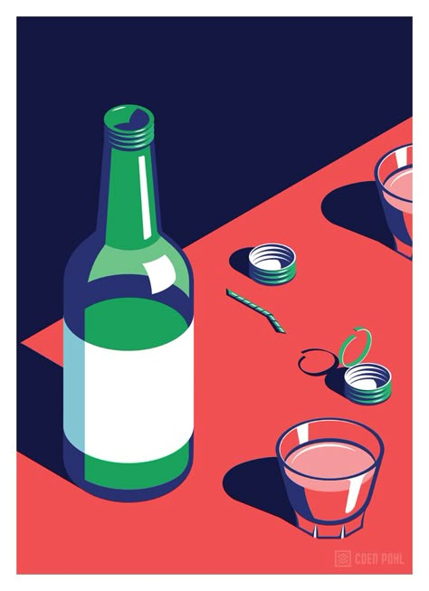 A Night Out in Seoul Coen Pohl: A small series of posters of scenes from a typical night out in Seoul. Made as a personal project to explore styles and colour combinations and because I love the nightlife in Korea. Soju Poster, Arte Inspo, Soju, Flat Illustration, Illustrations And Posters, Graphic Design Inspiration, Graphic Design Illustration, Graphic Illustration, Digital Illustration