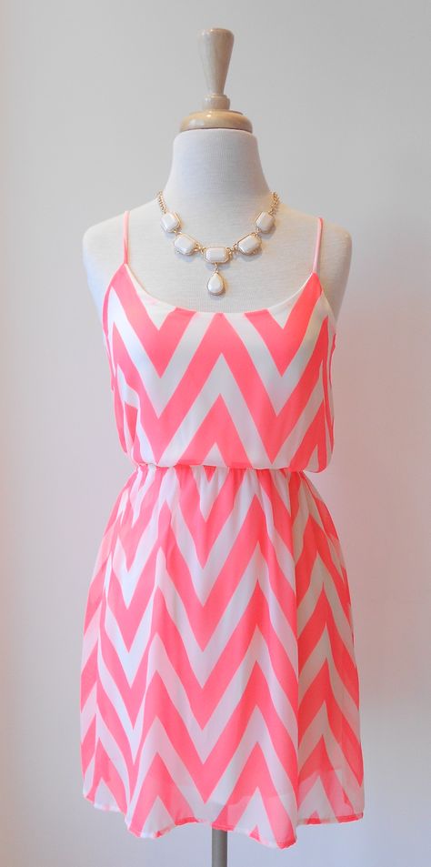 Neon Pink Chevron dress! Neon Pink Dress, Striped Tunic, Pink Chevron, Chevron Dress, Junior Dresses, Sleeveless Mini Dress, Spring Dresses, White Top, Pink And White