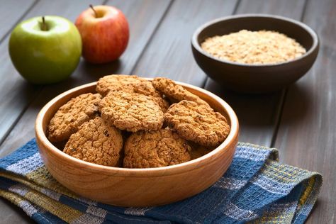 There’s no need to opt out of biscuit week – particularly if your cookie of choice happens to be perfectly balanced, perfectly round and packed with fibre. Made with filling, nutrient-rich wholemeal flour and oatmeal, natural honey, metabolism-boosting cinnamon and skin purifying coconut oil, these apple and oatmeal confections will satisfy a sweet craving without derailing your [link url="http://www.glamourmagazine.co.uk/gallery/diet-plans"]diet plan[/link].   [b]You will need[/b]   90g Wholeme Low Fat Baking, Low Fat Cookies, Apple Pie Oatmeal, Healthy Apple Pie, Apple Oatmeal Cookies, Best Oatmeal Cookies, Apple Pie Cookies, Cookie Recipes Chewy, Apple Oatmeal