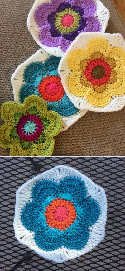 Amazing Hexagon Crochet Blanket Ideas. These vintage flowers in the pictures below give me a 70's vibe, right? The colors and sharp edges are so eye catching! What's more, each hexagon is about 8 inches across, so it's the perfect size to join them together and create a bigger project. However you can also use them separately as coasters. #freecrochetpattern #afghan #square Crochet Hexagon Flower Blanket, Flower Crochet Hexagon, Hexagon Flower Crochet, 8 Inch Granny Square Crochet Pattern, Crochet Mini Granny Squares Free Pattern, Granny Hexagon Blanket, 70s Crochet Patterns Free, Hexagon Granny Square Pattern, Crochet Hexagon Flower