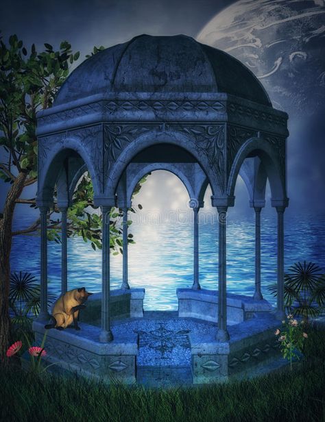 Fantasy Gazebo With Moon Stock Illustration - Image: 48007793 Gazebo Illustration, Moon Castle Aesthetic, Fairytale Background Landscape, Fantasy Gazebo Art, Moon Kingdom Fantasy Art, Fantasy Gazebo, Fantasy Moon Castle, Islamic Quotes In English, Victorian Garden