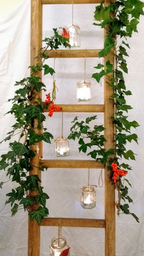 Rustic Ladder Party Decoration Ladder Decor Wedding, Wood Decorating Ideas, Garden Ladder Ideas, Old Wood Ladder, Ladder Wedding, Ladder Planter, Ladder Ideas, Garden Ladder, Wall Ladder