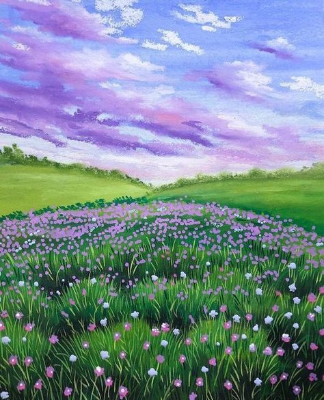 Pretty Painting Ideas On Canvas, Flower Field Painting Easy, Oil Colored Art, Field Of Flowers Drawing, 18x24 Canvas Painting, Flower Field Painting, Sunset Canvas Painting, Ghibli Artwork, Simple Canvas Paintings