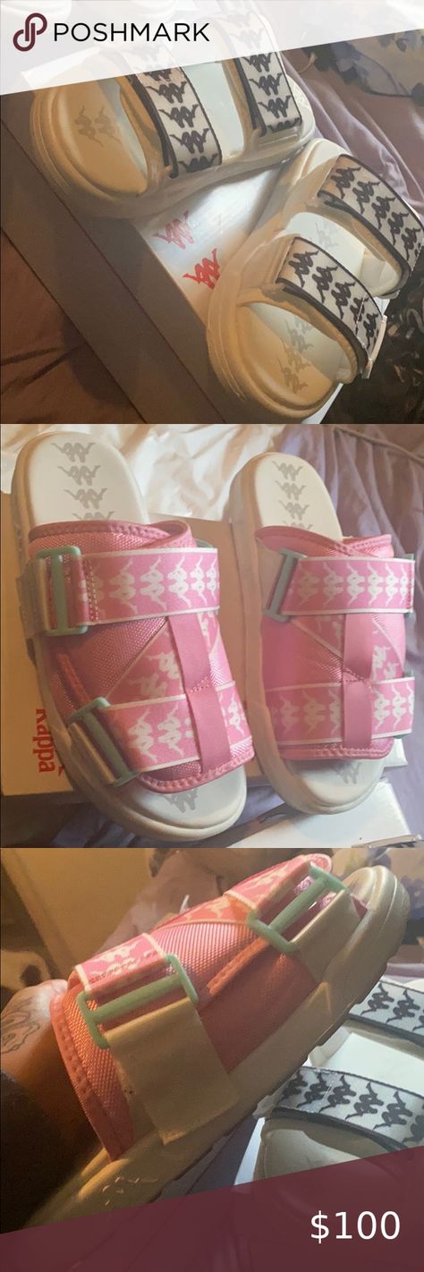 2 Paris of kappa slides Kappa Slides Outfit Black Women, Pink Kappa Slides, Kappa Slides, Kappa Shoes, Slides Outfit, Crocs Fashion, Trendy Shoes Sneakers, Teen Swag Outfits, Nike Fashion Shoes