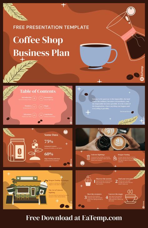 Coffee shop business plan template with financial projections, marketing plan, and operational plans. Perfect for entrepreneurs looking to start a coffee Coffee Presentation Design, Coffee Shop Business Plan, Starting A Coffee Shop, Coffee Presentation, Modern Coffee Shop, Business Plan Presentation, Coffee Shop Business, Business Plan Ppt, Presentation Design Layout