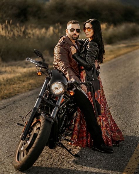 Motorcycle Photography Couples, Motorcycle Couple Photography, Amrit Photography, Motorcycle Engagement Photos, Motorcycle Photo Shoot, Biker Wedding, Pre Wedding Photoshoot Props, Iconic Aesthetic, Bike Couple