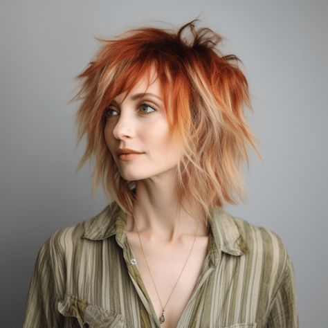 Punk Shoulder Length Hair, Hair Color Ideas Short Hair Trends, Choppy Punk Hair, Layered Bob Hairstyles For Fine Hair Short Shag Bangs, Money Pieces Hair, Hush Cut Hair, Short Rocker Hair, Alternative Haircuts Medium, The Wolf Haircut