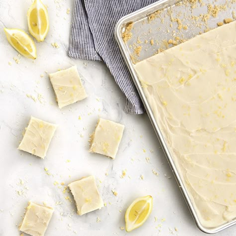 Sheet Pan Lemon Bars - Nordic Ware Lemon Bars For A Crowd Recipe, Sheet Pan Bar Recipes, Sheet Pan Lemon Bars, Sheet Pan Bars Recipes, Wednesday Desserts, Sheet Pan Desserts For A Crowd, Nordicware Recipes, Sheet Pan Bars, Pan Bars