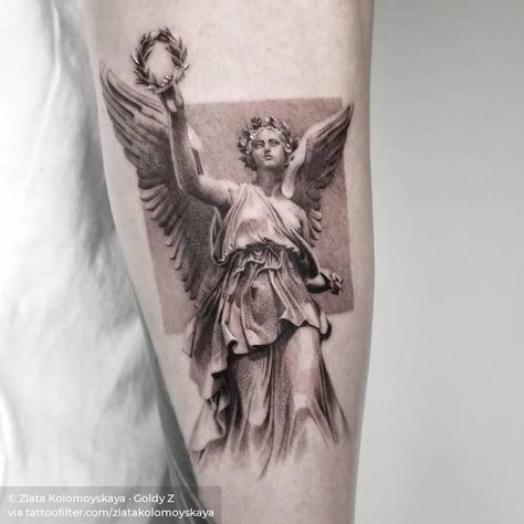 Victoria Tattoo, Victory Tattoo, Nike Tattoo, Artemis Tattoo, God Tattoo, Statue Tattoo, Single Needle Tattoo, God Tattoos, Goddess Tattoo