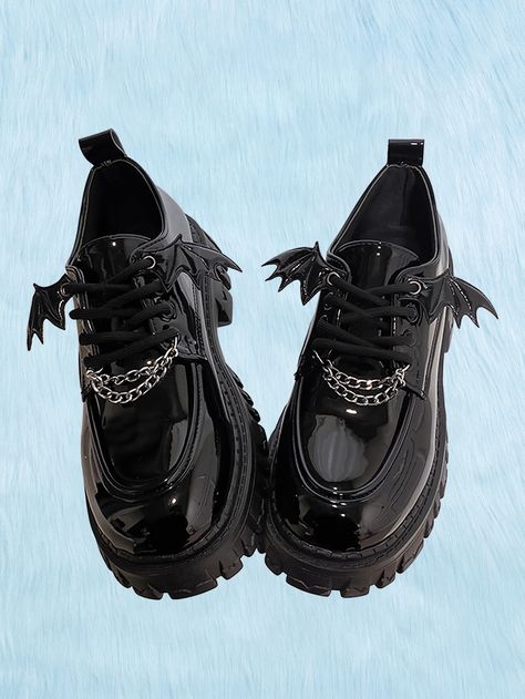 Women Bat Wing & Chain Decor Lace-Up Front Flatform Punk Black Oxford Shoes Fall Black Punk    Animal,Halloween,Plain Oxfords   Women Shoes, size features are:Bust: ,Length: ,Sleeve Length: Black Oxford Shoes Women, Thick Heels Pumps, Black Oxford Shoes, Zapatos Mary Jane, Punk Shoes, Gothic Shoes, Platform Wedges Shoes, Black Punks, Chain Decor