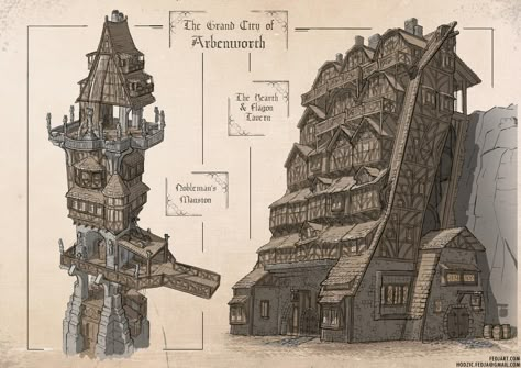 Building designs for the city.  Because horizontal space is limited the buildings try to use up vertical space. Feng Zhu Design, Feng Zhu, Steampunk City, Fantasy Town, Rpg Map, Dungeon Maps, 3d Modelle, Fantasy House, Fantasy City