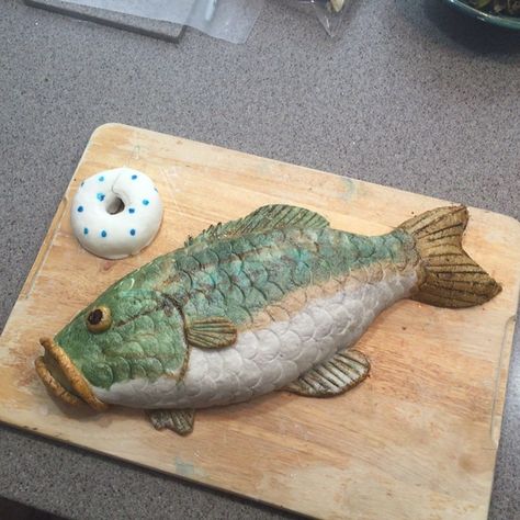 Bass Fish Birthday Cake, Homemade Chocolate Icing, Fish Birthday Cake, Blueberry Bagels, Walleye Fish, Fish Cake Birthday, Blueberry Bagel, Homemade Fondant, Fish Birthday