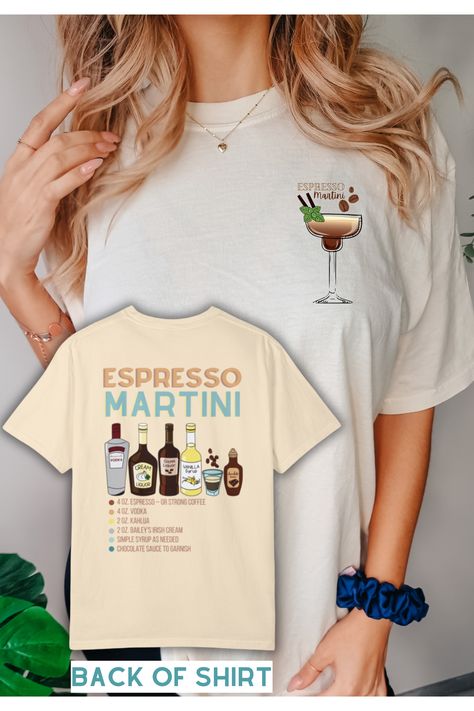 Stay stylish and shake up your look with our Espresso Martini Recipe T-Shirt! Sip in style with a chic espresso martini graphic on the front, while the back features a detailed display of ingredients and a step-by-step recipe. Elevate your cocktail game and be the life of the party with this trendy tee. Perfect for coffee and cocktail enthusiasts. Share your love for mixology and enjoy a fashionable twist on your favorite drink. #EspressoMartini #CocktailEnthusiast #TrendyTees Martini Graphic, Brunch Attire, Espresso Martini Recipe, Brunch Decor, Martini Recipe, Shirt Pins, Vanilla Syrup, Baileys Irish Cream, Strong Coffee