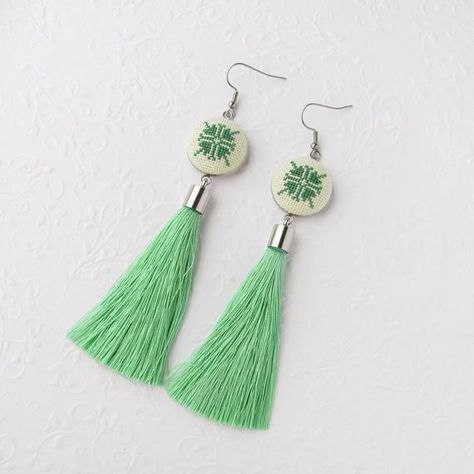 Mint tassel earrings with Pastel green Fringe, Boho tassle Embroidered Statement Earrings, Green jew Romanian Blouse, Hand Embroidered Necklace, Green Tassel Earrings, Mint Green Earrings, Navy Earrings, Tassel Jewelry, Embroidered Wedding, Green Jewelry, Earrings Green