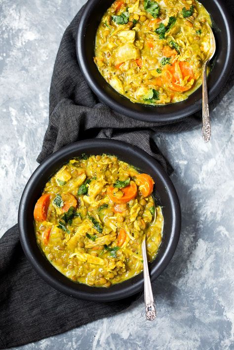 Golden chicken lentil soup made with creamy light coconut milk, turmeric, ginger, garlic, and cumin. Delicious flavors; this soup will be your new favorite! Chicken Lentil Soup, Lentil Recipes Healthy, Chicken Lentil, Golden Chicken, Hearty Lunch, Slim Fast, Lentil Recipes, Lentil Soup, Healthy Chicken Recipes