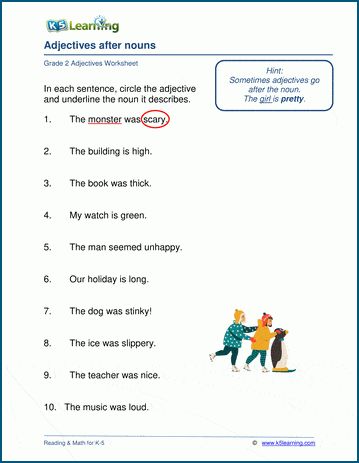 Grade 2 grammar worksheets on adjectives after nouns. Students identify the adjectives and the nouns they describe in sentences. Free and printable worksheets from K5 Learning; no login required. Worksheets On Adjectives, Nouns And Verbs Worksheets, Worksheets For Grade 2, Adjectives Grammar, Linking Verbs, English Adjectives, Adjective Worksheet, Comprehension Exercises, Nouns Verbs Adjectives