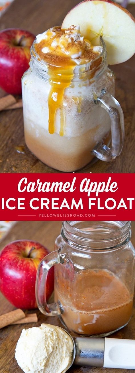 Caramel Apple Ice Cream Float - Creamy, frothy ice cream float that tastes like the perfect fall dessert! Caramel Apple Ice Cream, Mcdonalds Sweet Tea, Fall Ice Cream, Penne Alfredo, Nutella Snacks, Apple Ice Cream, Caramel Apple Spice, Ice Cream Float, Halloween Ice Cream