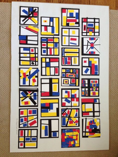 Class project for art auction (Mondrian inspired). Mondrian Kids Art, Mondrian Art For Kids, Mondrian Inspired Art, Mondrian Art Projects, Arte Madi, معرض فني, Class Art Projects, Mondrian Art, Kindergarten Art Projects