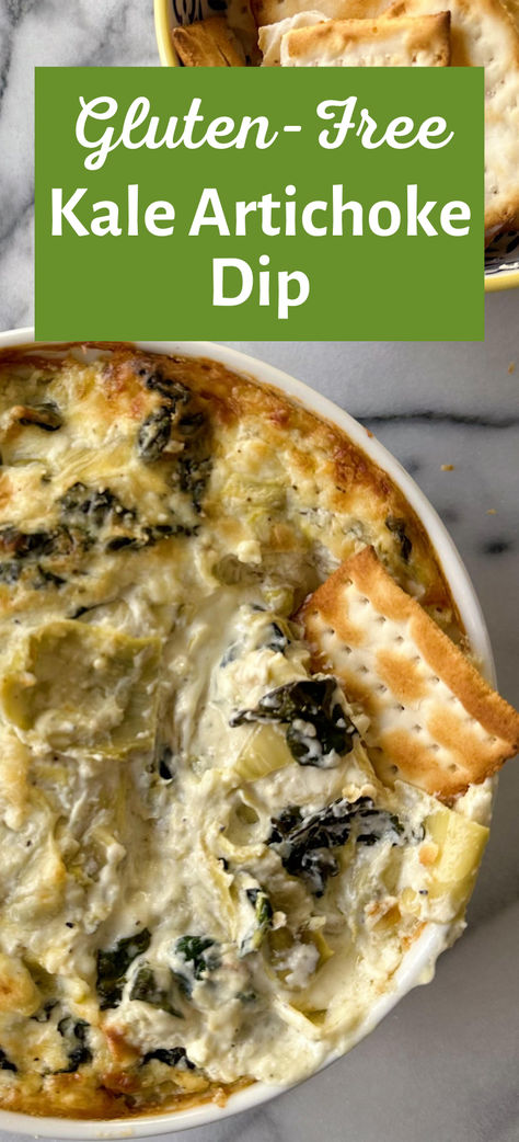 Warm, creamy and so delicious, this Kale Artichoke Dip is a crowd-pleasing mix of healthy + decadent that makes you want to keep on dipping! Made with fresh kale, tangy canned artichokes, cream cheese and Greek yogurt, it is fabulously flavorful, and the ultimate gluten-free Game Day snack or party appetizer. Easy to make, it can be prepped ahead and baked later. Gluten Free Artichoke Dip, Kale And Artichoke Dip, Kale Appetizer Recipes, Dairy Free Artichoke Dip, Greek Hummus Dip, Canned Artichokes, Kale Dip, Healthy Spinach Artichoke Dip, Appetizer Easy