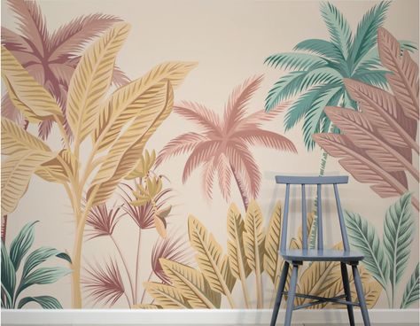 Party Installation, Palm Springs Theme, Palm Springs Wallpaper, Seaside Wallpaper, Dreamy Backdrop, Tree Wallpaper Mural, Tropical Art Deco, Tropical Trees, Trees Wallpaper