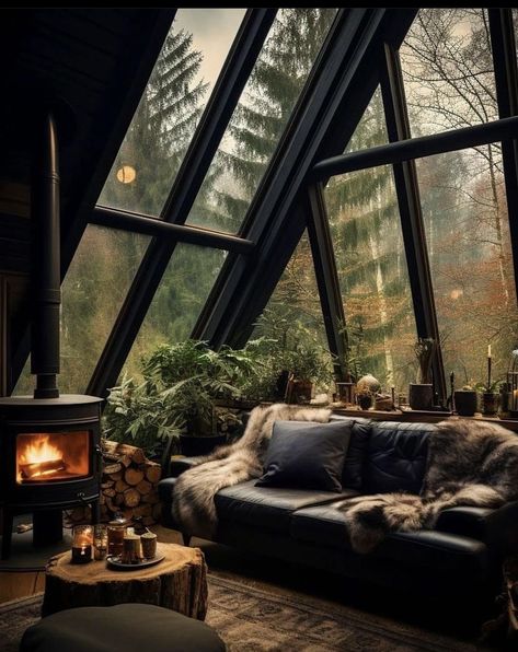 Unique Small Cabin Ideas, Dark Academia Home Interior, Artist Cabin, Dark Cabin, Cabin Aesthetic, Cabin Interiors, Fantasy House, A Frame House, Tiny House Cabin