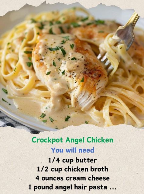 Alexander's Recipes - Crockpot Angel Chicken  Heavenly Slow-Cooked Angel Chicken  Ingredients:  4 boneless, skinless chicken breasts 1/4 cup butter 1 packet Italian dressing mix 1 can (10.75 ounces) condensed golden mushroom soup 1/2 cup chicken broth 4 ounces cream cheese 1 pound angel hair pasta Directions:  Place chicken breasts in the bottom of the crockpot. In a saucepan over medium heat, melt the butter. Add the Italian dressing mix, golden mushroom soup, chicken broth, cream cheese. Stir until the mixture is smooth and creamy. Pour the sauce over the chicken in the crockpot. Cover and cook on low for 4-5 hours or until the chicken is tender and fully cooked. Cook the angel hair pasta according to package instructions. Drain. Serve the chicken and sauce over the cooked angel hair pas Mini Crockpot Recipes, Angel Chicken, Italian Dressing Mix, Healthy Slow Cooker, Slow Cooker Recipes Healthy, Easy Slow Cooker Recipes, Grandmas Recipes, Recipes Crockpot, Italian Dressing