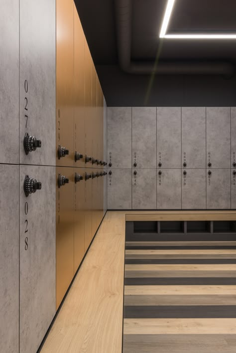 Bike Locker, Sports Locker, Upholstered Bench Seat, Ladies Gym, Locker Designs, Indoor Pool Design, Warehouse Design, Gym Lockers, Gym Interior