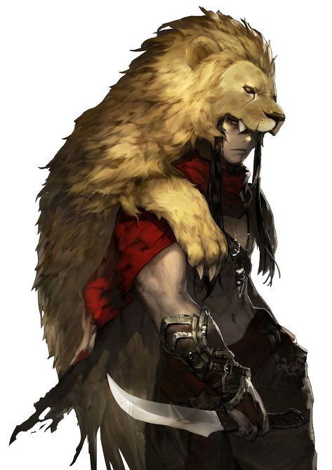 Kingdom Character Design, Greek Warrior Art, Goliath Dnd Male, Lion Barbarian, Adventurer Character Design, Lion Dnd Character, Gladiator Art Character Design, Lion Character Design, Greek Demigod Character Design