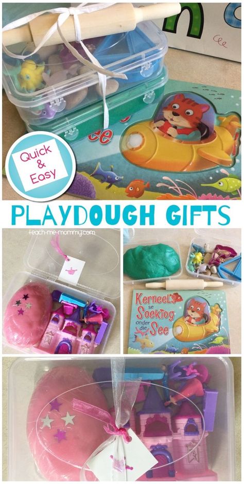 Quick & Easy Playdough Gifts Diy Playdough Kit Gift Ideas, Play Doh Kits Diy, Playdoh Sensory Kits Diy, Diy Playdough Kit, Sand Kits, Playdough Themes, Easy Playdough, Playdough Ideas, Play Dough Gift