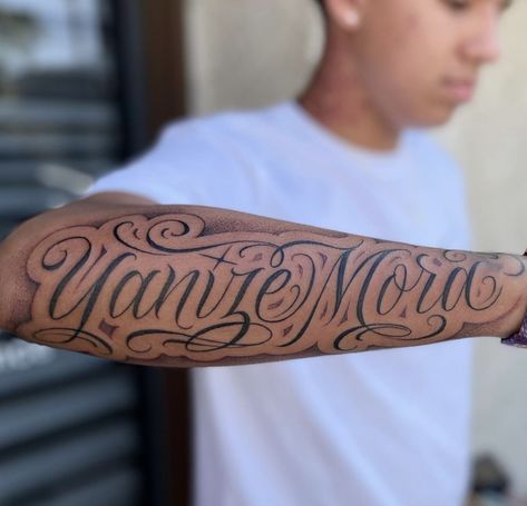 Last Name Arm Tattoo, Name Tattoo Placement Men, Last Name Forearm Tattoo Men, Name Tattoos Men, Name Tattoo Arm, Name Tattoo For Men, Last Name Tattoos For Men, Name Tattoo Placements, Mind Over Matter Tattoo