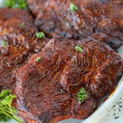 Oven Baked Pork Shoulder, Baked Pork Shoulder, Apple Bacon Coleslaw, Pork Steak Oven, Cooking Pork Steaks, Blade Steak Recipes, Bbq Pork Steaks, Pork Steak Marinade, Steak Recipes Oven