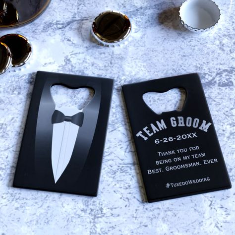 Tuxedo Team Groom Bachelor Party Bottle Opener - Bachelor Party gifts Diy Groomsmen Gifts, Groomsman Gift Ideas, Black Tuxedo Wedding, Groomsmen Flask, Groomsmen Gifts Unique, Team Groom, Be My Groomsman, Bachelor Party Gifts, Wedding Bottles