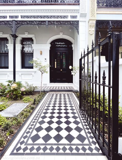 Victorian House Front Porch, Black And White Tile Front Porch, Veranda Tiles, Black And White House Exterior, Porch Tiles, Terrace House Exterior, Terrace Houses, Blossom House, White Exterior Houses