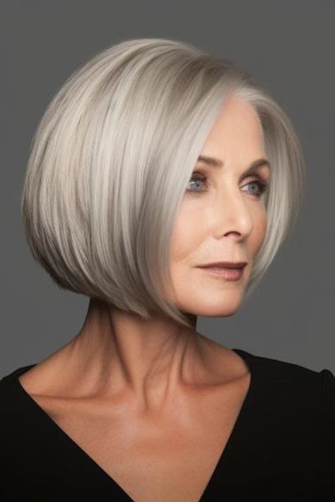 A sleek angled bob is a chic and modern choice that adds an edge to your appearance. This cut is shorter in the back and gradually lengthens towards the front, creating a sharp, angled look. Click here to check out more best hairstyles for older women trending right now. Grey Bob Hairstyles, Hair 50, Chin Length Hair, Angled Bob, Bob Haircut For Fine Hair, Short Grey Hair, Bob Hairstyles For Fine Hair, 2024 Color, Haircuts For Medium Hair