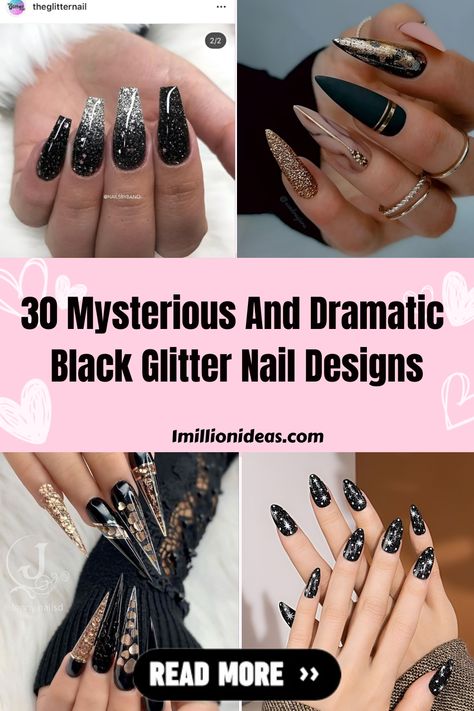 Black is the ultimate classy and timeless look for a manicure. It can go with any skin complexion, looks great with any… White And Black Glitter Nails, Black Nail Designs Sparkle, Glittery Nail Ideas Black, Black Nails With Glitter Coffin, Black With Silver Nails, Sparkly Black Nails Acrylic, Glam Black Nails, Black Glitter Ombré Nails, Black Nails With Black Rhinestones