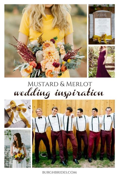 Merlot & Mustard Yellow Wedding Inspiration from Burgh Brides Merlot Wedding, Mustard Yellow Wedding, Mustard Wedding, Yellow Wedding Inspiration, Yellow Wedding Theme, Pretty Bridesmaid Dresses, Wedding Yellow, Classic Wedding Hair, Gold Wedding Dress