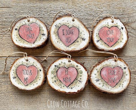 VALENTINE WOOD SLICE ORNAMENTS Valentine Wood Ornaments, Hand Painted Valentine Ornaments, Vday Decorations, Valentines Day Ornaments, Valentines Ornaments, Wooden Ornaments Diy, Valentines Designs, Valentine Ornaments, Vday Decor