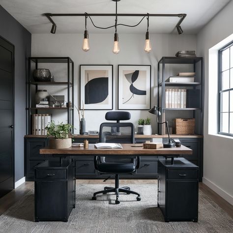 Modern Men’s Apartment 🖤🖤💖 Office Masculine Modern, Small Office For Men, Black Office Aesthetic, Office Room Ideas Home For Men, Modern Home Office Design For Men, Mens Office Ideas, Office Ideas Men, Home Office Design For Men, Modern Masculine Office