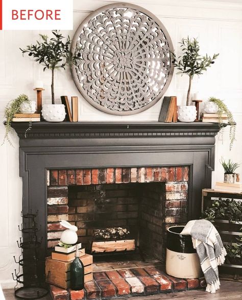 Before and After: See How Black Paint Made a Traditional Fireplace Wall Pop | Apartment Therapy Pop Apartment, Painted Mantle, Black Mantle, Wall Pop, Paint Fireplace, Black Fireplace, Farmhouse Fireplace, Traditional Fireplace, Black And White Tiles