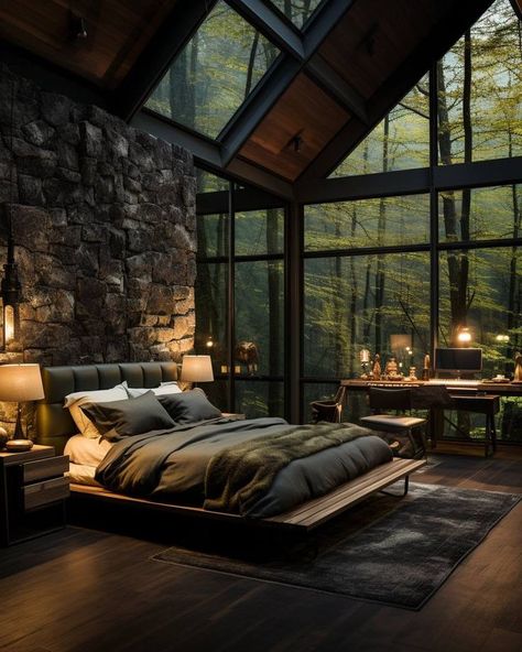 Dark Cabin Aesthetic, Dark Cabin Interior, Dark Cabin, Mountain House Interior, Dark Mountains, Cabin Aesthetic, Cabin Bedroom, Aesthetic Interior, Lake Homes