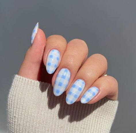 Pastel Blue Nails, Plaid Nail Art, Checkered Nails, Almond Acrylic, Light Blue Nails, Baby Blue Nails, Plaid Nails, Glow Nails, Beauty Stuff