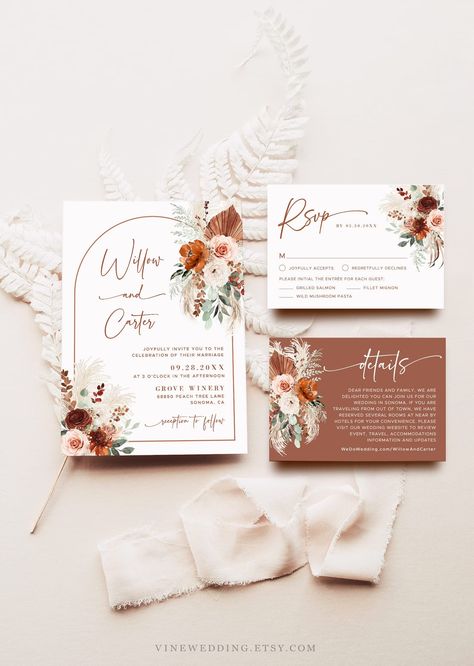 Pampas Wedding Invitation, Arch Wedding Invitation, Pampas Wedding, Palm Wedding, Arch Wedding, Wedding Invitations Boho, Invitation Floral, Wedding Invitation Sets, Wedding Templates