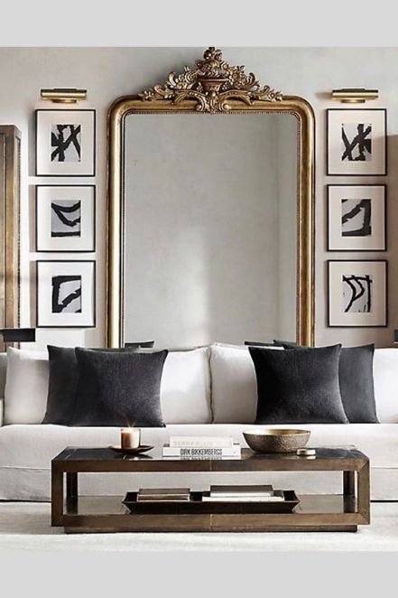 Mirror Wall Decor Ideas, Furniture Office, Wall Decor Ideas, Living Room Mirrors, Elegant Home Decor, Trendy Home, Large Mirror, Living Room Grey, Contemporary Living Room