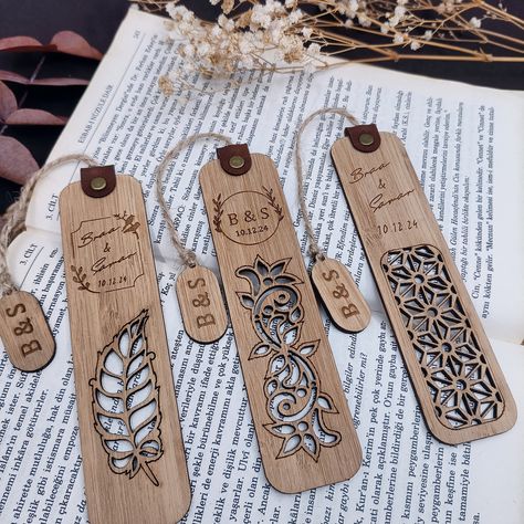 These bookmarks make a memorable gift for your party guests and a unique way to remember your special day. Impress your guests with bookmark favorites. You can gift a bookmark Gifts for your guests as wedding favors, party favors, birthday gifts These bookmarks are laser engraved on alder wood. They have a deep, clear engraving that provides great contrast. They will come without any individual packaging. Bookmarks will come with a handmade tassel consisting of a piece of natural leather, a stri Lazer Gift Ideas, Glowforge Gifts, Glowforge Wedding Favors, Wood Wedding Favors For Guests, Laser Cut Wedding Favors, Wooden Bookmarks, Laser Engraved Bookmarks, Engraved Bookmark, Woodburn Bookmarks