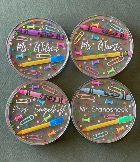 1 SINGLE Personalized Teacher Coaster 4.5 inches Across | Etsy Teacher Coaster, New Teacher Gift, Resin Crafts Tutorial, New Teacher Gifts, Candy Sprinkles, Crayola Crayons, Pencil Design, Personalized Teacher Gifts, New Teachers