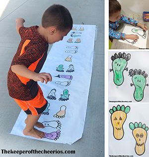 Halloween Footprint Hopscotch Materials: Roll of butcher paper  Printed footprints (I just found a template online) HERE is one similar to the one I used Crayons Scissors Spray Adhesive (or glue sticks) Tape Directions: Print off several footprints Have the kids...Read more Physical Development Activities, Halloween Lesson Plans, Halloween Lesson, Physical Education Lessons, Halloween Mystery, Daycare Activities, Foot Print, Kids Sensory, Winter Games